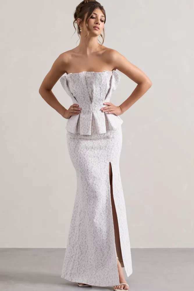 Abito Elegante in Pizzo Senza Spalline con Volant e Spacco - Bianco, Prezzo Accessibile | Club L London Kaleido