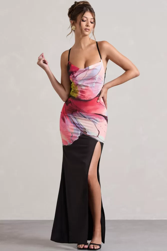 Saldi Lampo: Abito Lunghissimo Club L London Kali - Stampa Floreale Elegante con Spacco e Schiena Scoperta, Cappuccio Decorativo