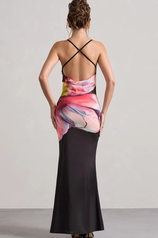 Saldi Lampo: Abito Lunghissimo Club L London Kali - Stampa Floreale Elegante con Spacco e Schiena Scoperta, Cappuccio Decorativo
