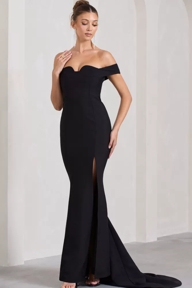 Abito Elegante in Nero con Spacco e Coda di Pesce - Vestito Lungo Bardot di Club L London, Collezione Karma