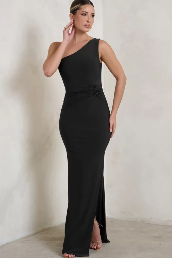 Club L Londra | Abito Lungo Monospalla con Spacco alla Coscia - Nero Elegante da Sera