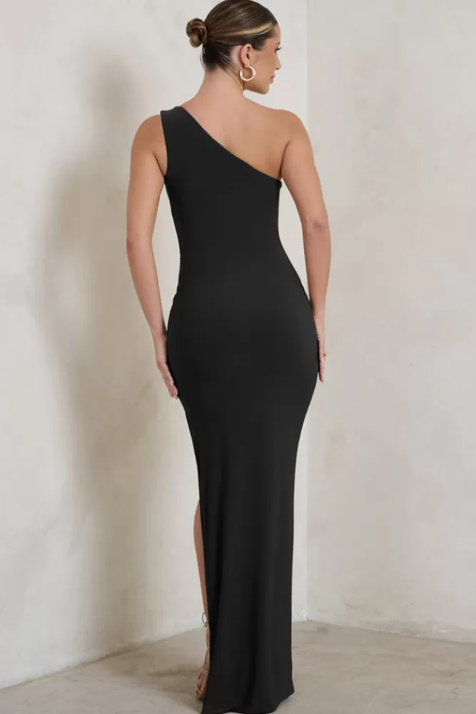 Club L Londra | Abito Lungo Monospalla con Spacco alla Coscia - Nero Elegante da Sera