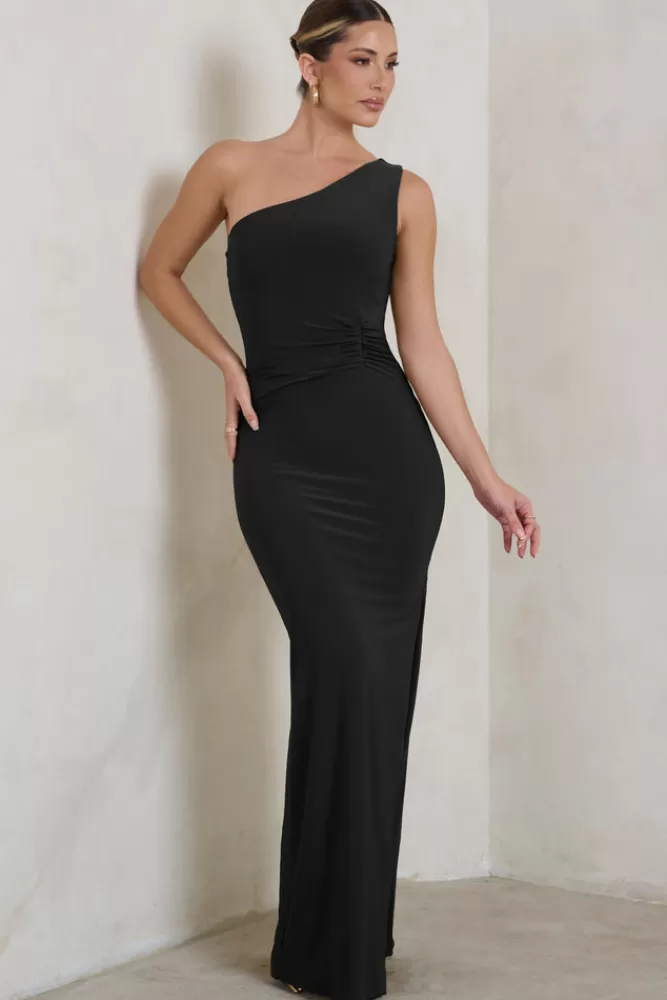 Club L Londra | Abito Lungo Monospalla con Spacco alla Coscia - Nero Elegante da Sera