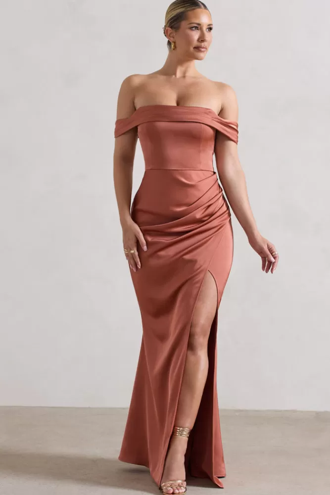 Abito Satinato Scollatura Bardot con Coda di Sirena - Vestito Lungo da Sera in Tonalità Terracotta | Club L London Katia in Saldi Estivi