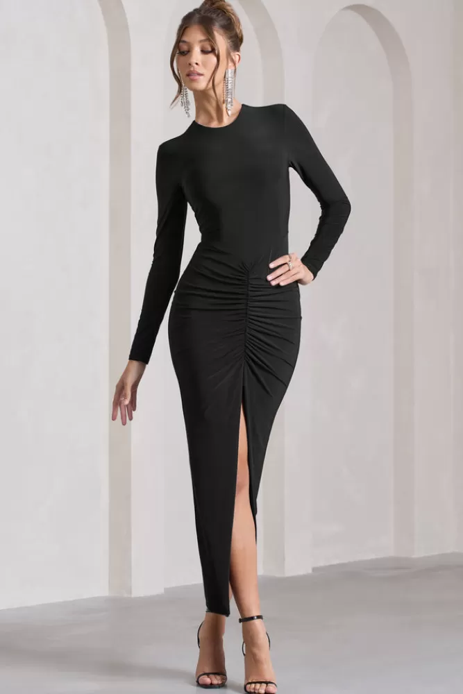 Club L London - Abito Maxi Katy con Maniche Lunghe, Spacco e Drappeggi in Nero Assoluto