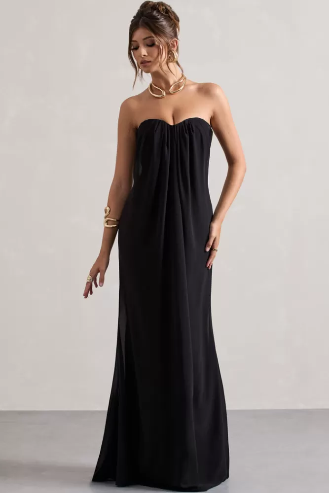 Club L London - Abito Longevo in Chiffon con Scollo a Cuore, Nero Elegante - Saldi Esclusivi