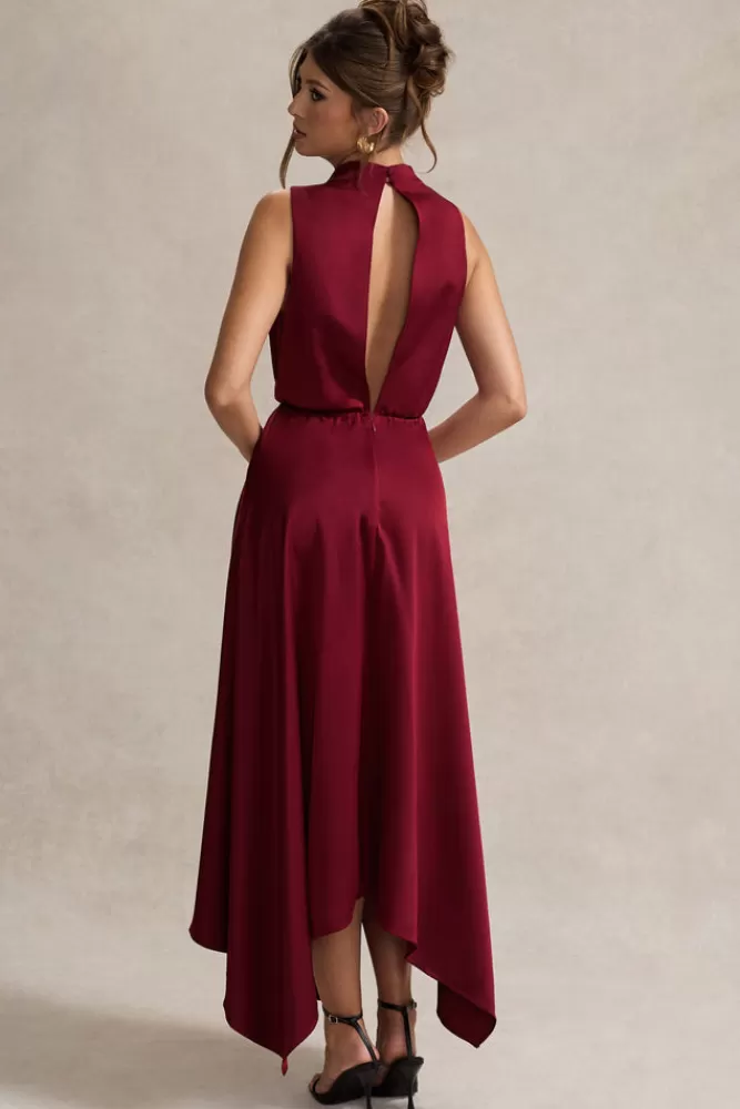 Club L London: Vestito Lungo in Seta Elegante con Scollo Avvolgente - Tonalità Bacca, Abbigliamento Donna in Promozione