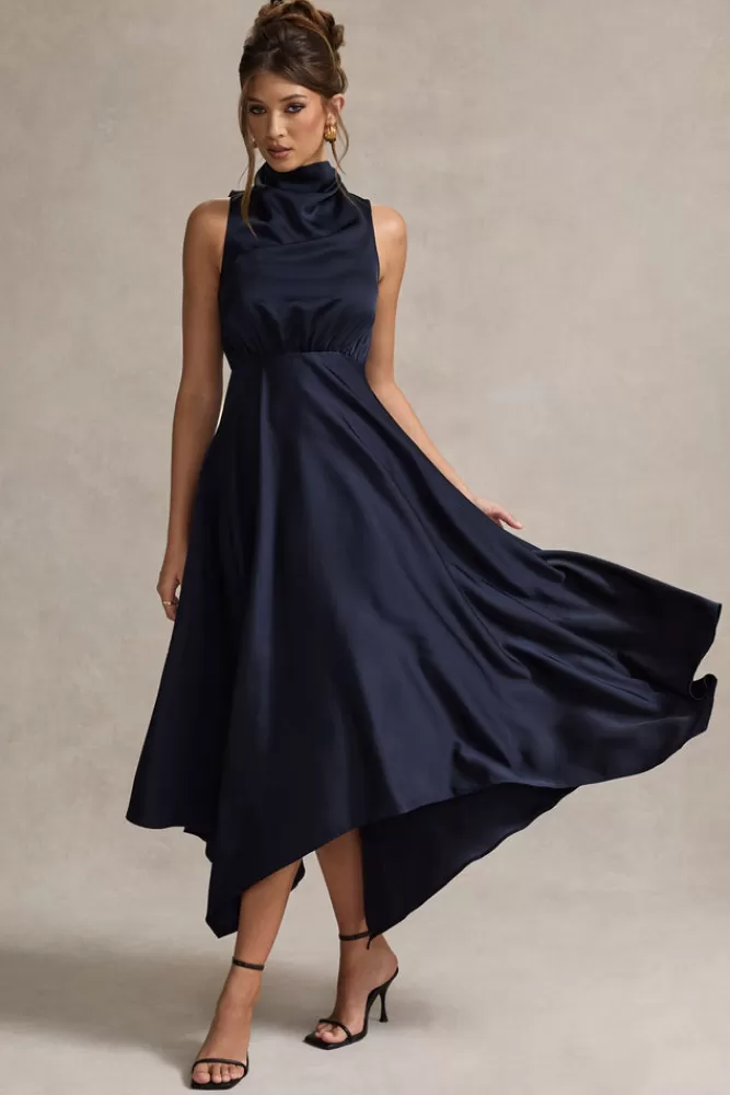 Abito lungo in raso con scollo avvolgente - London Club L | Blu navy elegante a prezzo imperdibile