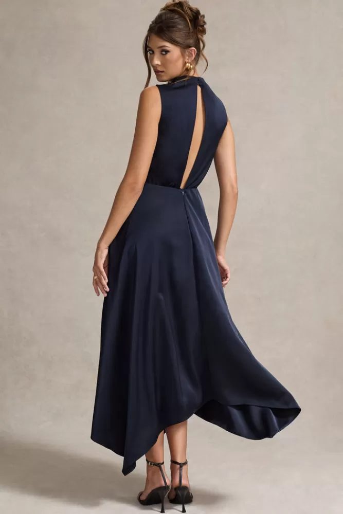 Abito lungo in raso con scollo avvolgente - London Club L | Blu navy elegante a prezzo imperdibile