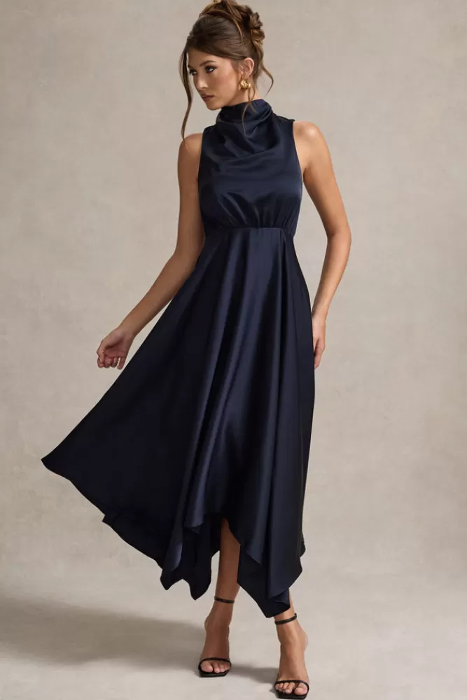 Abito lungo in raso con scollo avvolgente - London Club L | Blu navy elegante a prezzo imperdibile