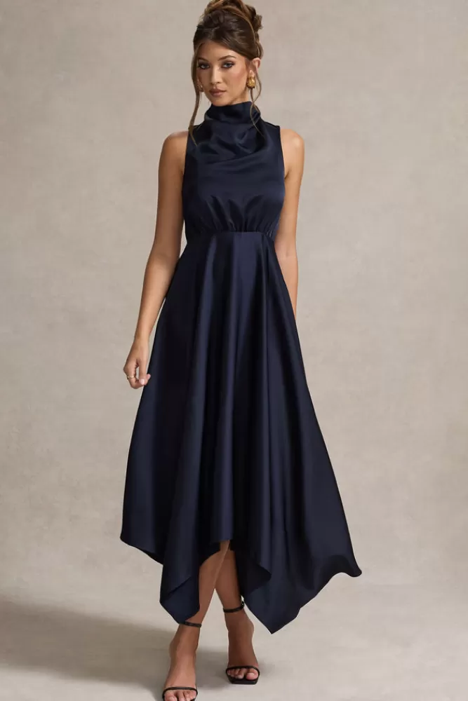 Abito lungo in raso con scollo avvolgente - London Club L | Blu navy elegante a prezzo imperdibile