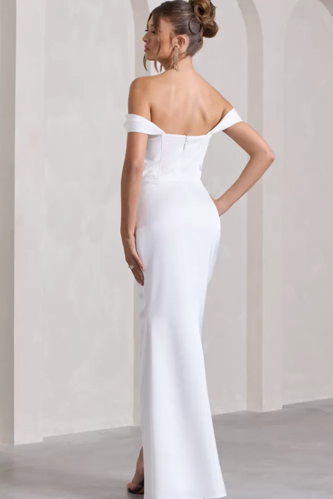Abito Elegante in Raso Bianco Club L London - Modello Kimberly con Scollatura Bardot e Coda di Pesce