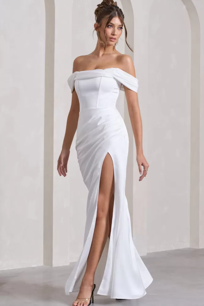 Abito Elegante in Raso Bianco Club L London - Modello Kimberly con Scollatura Bardot e Coda di Pesce