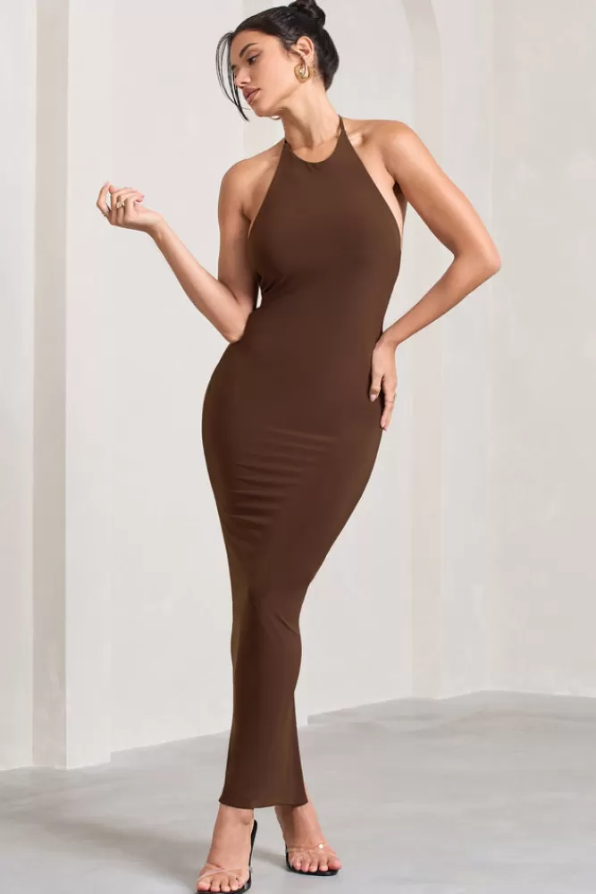Abito Club L London Kirsten - Vestito estivo senza maniche con nodo e schiena aperta, colore cioccolato - Modello halter elegante in promozione