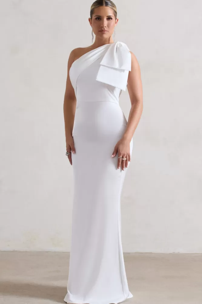 Abito Lungo Elegante in Raso a Spalla Singola con Fiocco - Bianco Candido | Abito Sposa Sensuale da Club L London | Vestito da Cerimonia con Dettaglio Asimmetrico
