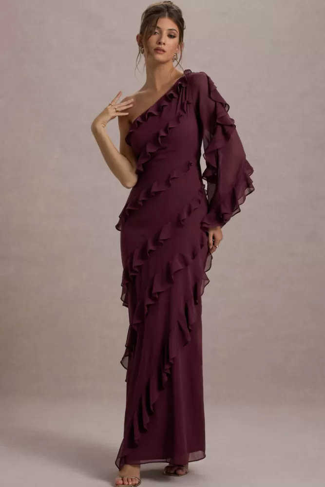 Abito Maxi Asimmetrica con Pieghe e Manica Singola - Borgogna | Modello Lalika by Club L London in Offerta Speciale

（，