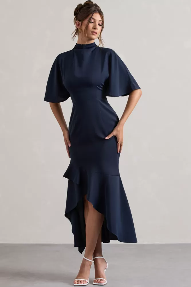 Club L Londra - Abito Lavinia Elegante con Dettagli Asimmetrici, Maniche a Sbuffo e Collo Alto in Tinta Unica Blu Navy, Vestito Longuette Perfetto per Serate Indimenticabili (Prezzo Speciale)