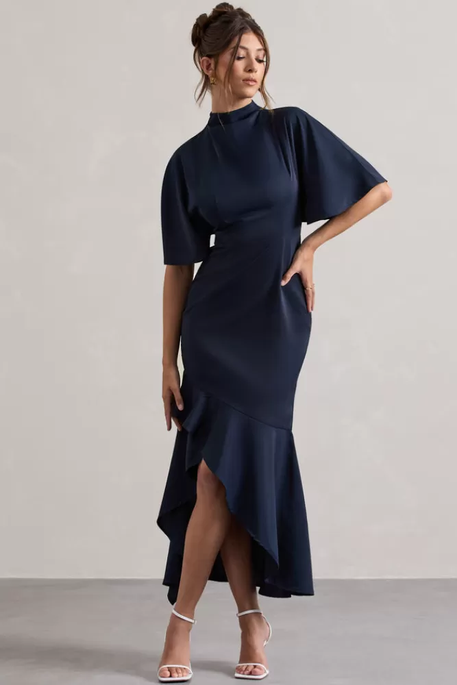 Club L Londra - Abito Lavinia Elegante con Dettagli Asimmetrici, Maniche a Sbuffo e Collo Alto in Tinta Unica Blu Navy, Vestito Longuette Perfetto per Serate Indimenticabili (Prezzo Speciale)