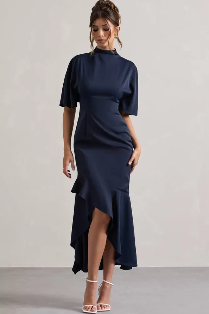 Club L Londra - Abito Lavinia Elegante con Dettagli Asimmetrici, Maniche a Sbuffo e Collo Alto in Tinta Unica Blu Navy, Vestito Longuette Perfetto per Serate Indimenticabili (Prezzo Speciale)
