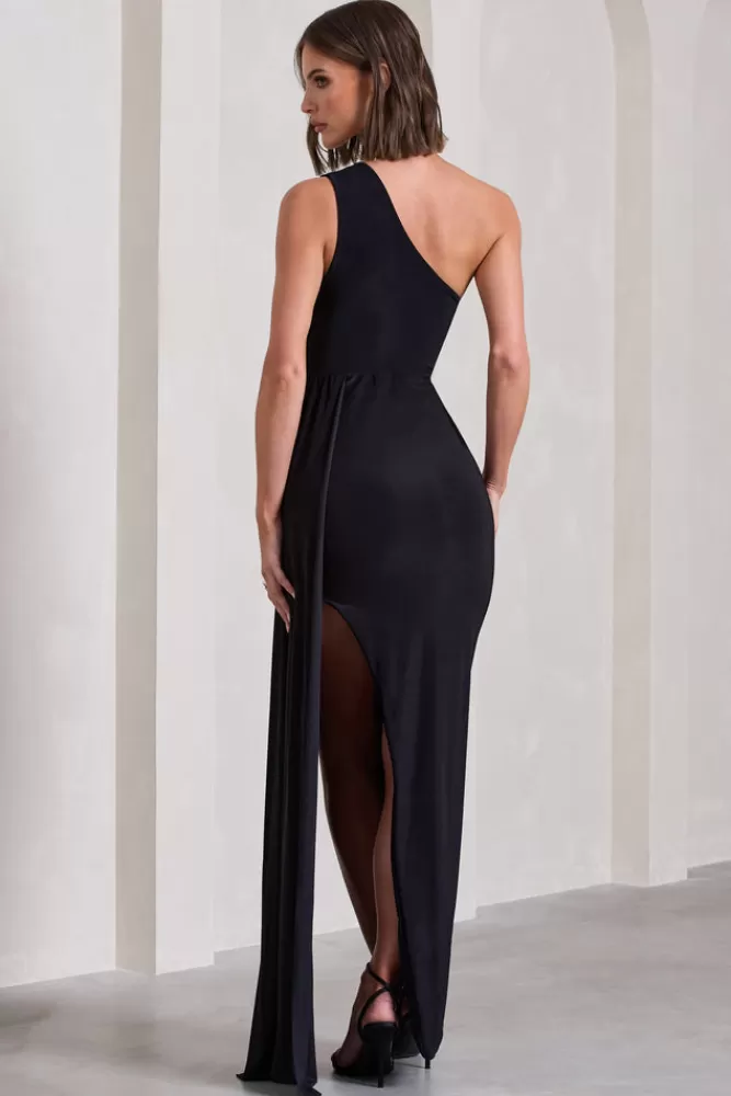 Abito Elegante Sposa con Spalla Scoperta e Drappeggio Asimmetrico - Nero Intenso | Abiti Lunghi da Serata Club L London | Edizione Limitata in Saldi Estivi
