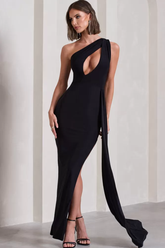 Abito Elegante Sposa con Spalla Scoperta e Drappeggio Asimmetrico - Nero Intenso | Abiti Lunghi da Serata Club L London | Edizione Limitata in Saldi Estivi