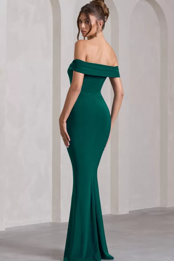 Club L London Abito Lungo Verde Bottaglia con Spacco e Drappeggio - Vestito Bardot Stilizzato in Saldi Express