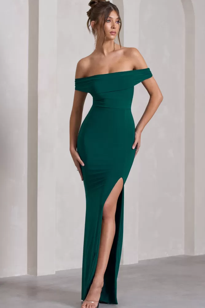 Club L London Abito Lungo Verde Bottaglia con Spacco e Drappeggio - Vestito Bardot Stilizzato in Saldi Express