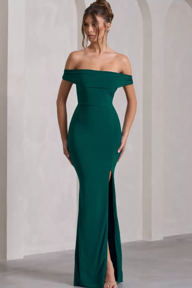Club L London Abito Lungo Verde Bottaglia con Spacco e Drappeggio - Vestito Bardot Stilizzato in Saldi Express