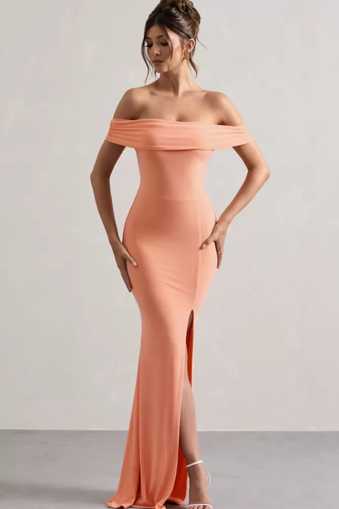 Abito Lungo con Drappeggio e Spacco Laterale in Corallo - Collezione Law of Attraction by Club L London | Vestito Estivo Femminile in Offerta Speciale