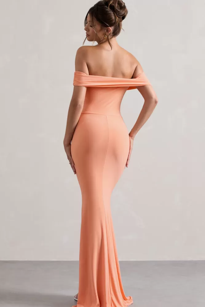 Abito Lungo con Drappeggio e Spacco Laterale in Corallo - Collezione Law of Attraction by Club L London | Vestito Estivo Femminile in Offerta Speciale