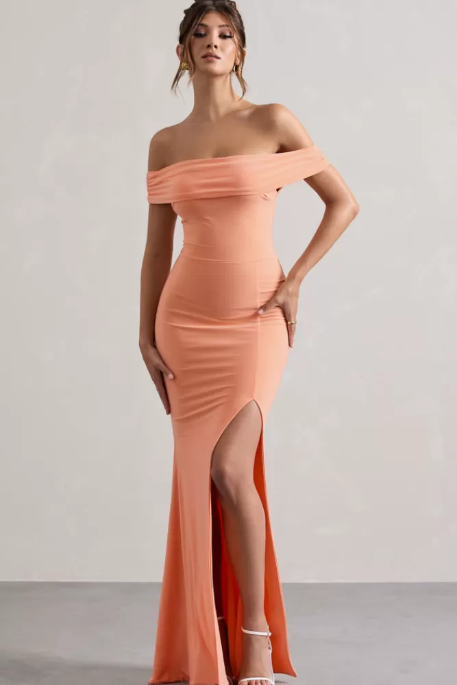 Abito Lungo con Drappeggio e Spacco Laterale in Corallo - Collezione Law of Attraction by Club L London | Vestito Estivo Femminile in Offerta Speciale