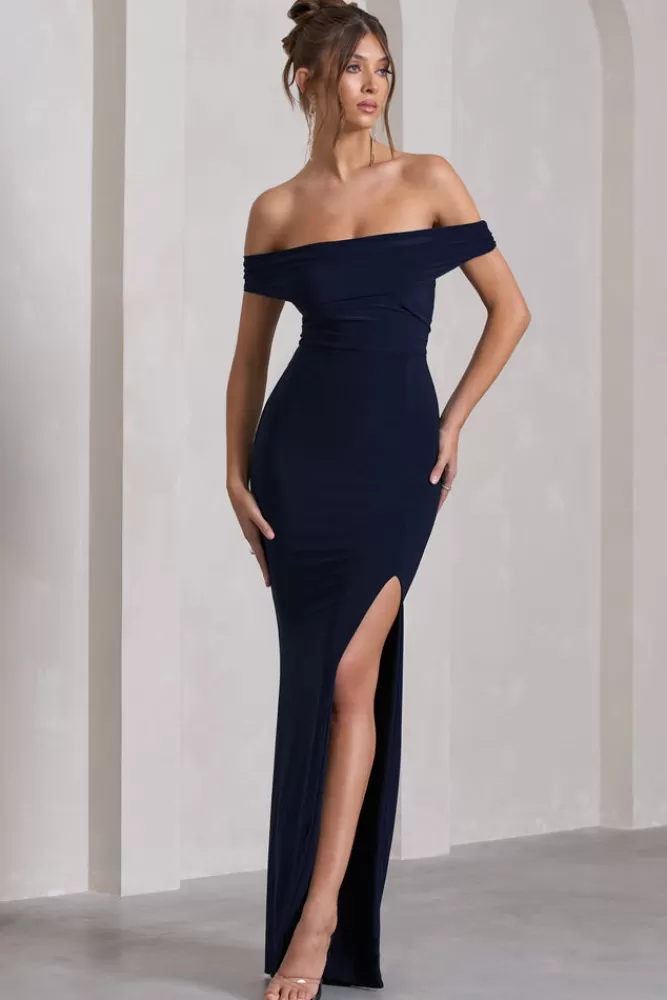 Club L London - Collezione Legge dell'Attrazione | Abito lungo drappeggiato con spacco laterale alla Bardot in blu navy elegante