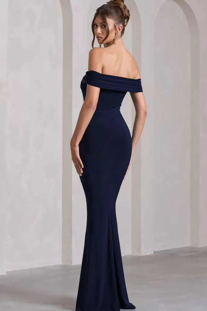 Club L London - Collezione Legge dell'Attrazione | Abito lungo drappeggiato con spacco laterale alla Bardot in blu navy elegante