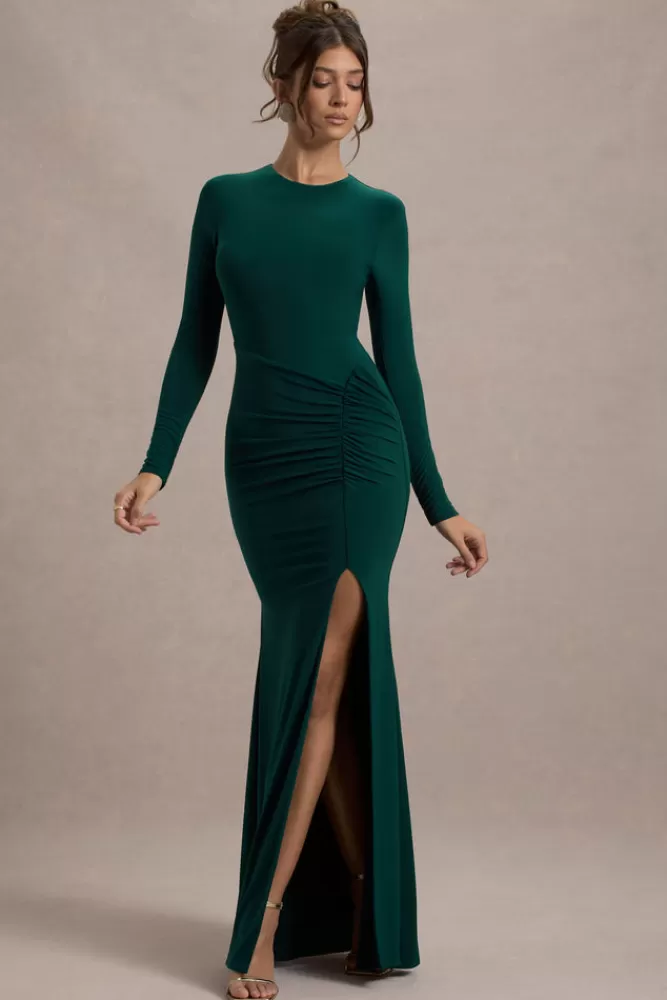 Leslie Abito Midi Verde Bottiglia con Maniche Lunghe e Scollo Avvolgente - Stile Club L London con Spacco Laterale, Prezzo Conveniente