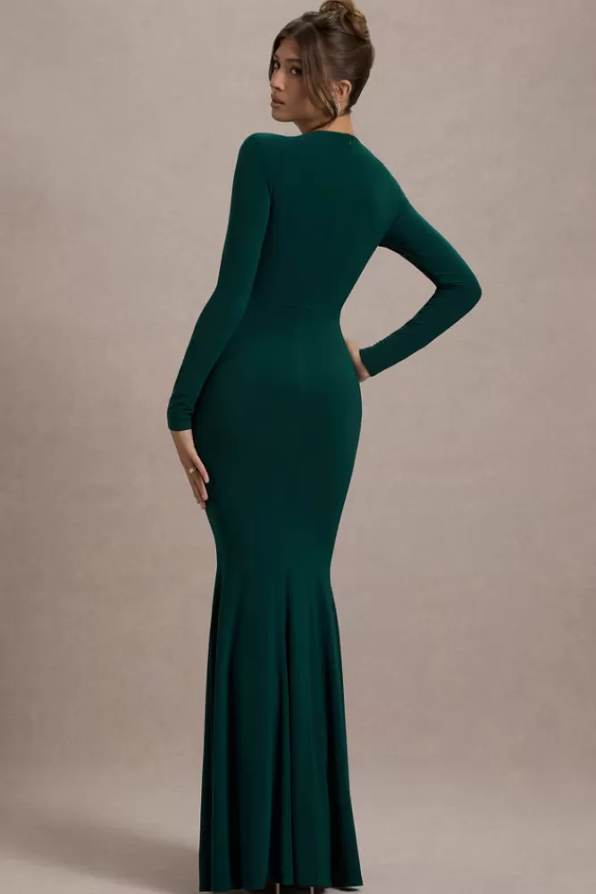 Leslie Abito Midi Verde Bottiglia con Maniche Lunghe e Scollo Avvolgente - Stile Club L London con Spacco Laterale, Prezzo Conveniente