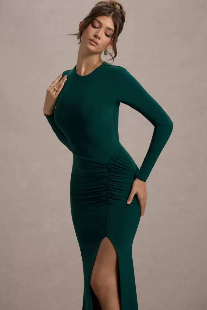 Leslie Abito Midi Verde Bottiglia con Maniche Lunghe e Scollo Avvolgente - Stile Club L London con Spacco Laterale, Prezzo Conveniente