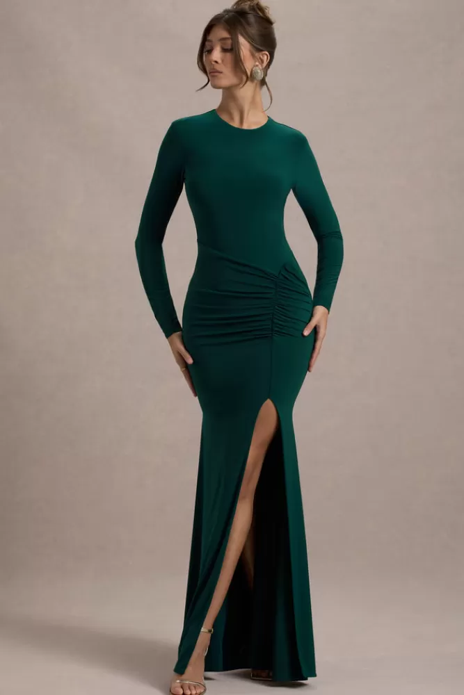 Leslie Abito Midi Verde Bottiglia con Maniche Lunghe e Scollo Avvolgente - Stile Club L London con Spacco Laterale, Prezzo Conveniente