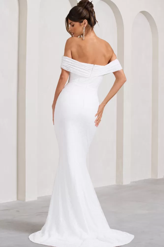 Abito Elegante in Pizzo Bardot con Spacco · Vestito Lungo Bianco Lilibet di Club L London · Abito Estivo Da Sogno con Svolo Laterale