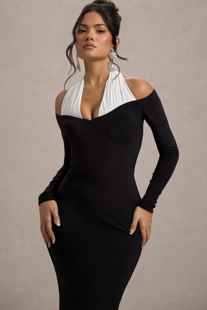Club L - London Living | Abito Longuette Elegante con Spacco Asimmetrico e Dettaglio Halter - Bicolore Nero e Bianco