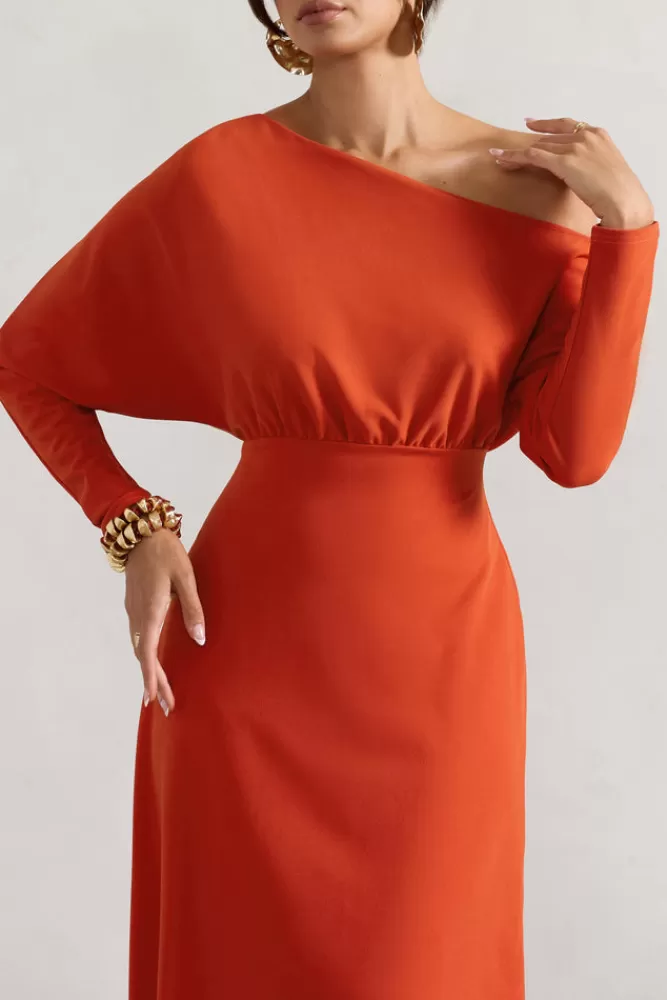Abito Asimmetrico in Tessuto Fluido con Maniche Lunghe - Vestito Firmato Club L London  
Elegante Modello Midi Arancione Speziato - Offerta Imperdibile Collezione Autunno 2023