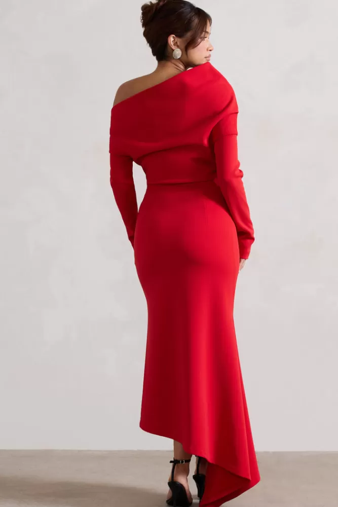 Club L London Abito Elegante Monospalla con Design Asimmetrico, Rosso Passione - Offerta Limitata