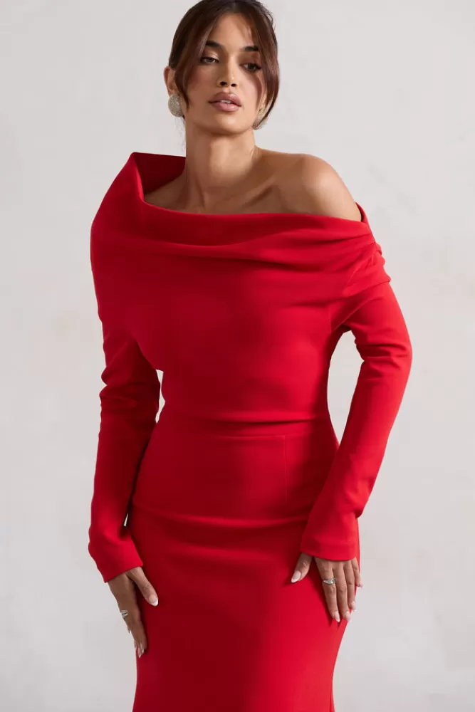 Club L London Abito Elegante Monospalla con Design Asimmetrico, Rosso Passione - Offerta Limitata