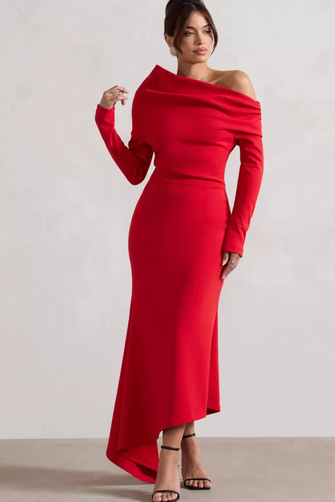 Club L London Abito Elegante Monospalla con Design Asimmetrico, Rosso Passione - Offerta Limitata