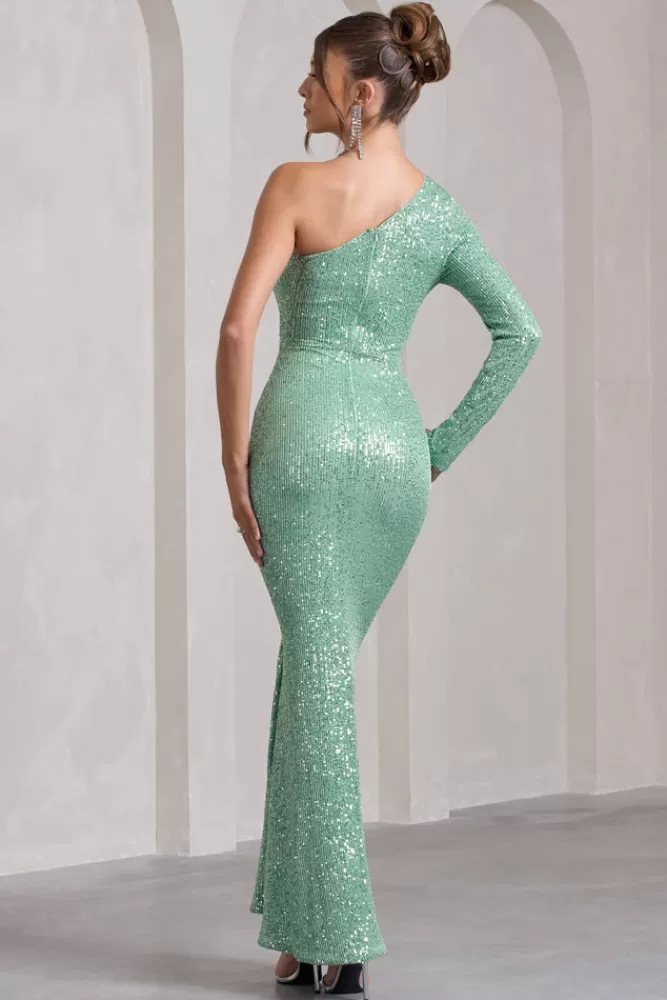Abito Elegante Verde Menta con Paillettes - Spalla Singola e Decorazione Floreale | Edizione Limitata Club L London ICEDMINT - Confezione Regalo Elegante