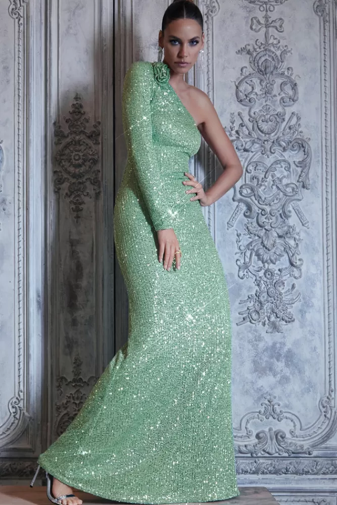 Abito Elegante Verde Menta con Paillettes - Spalla Singola e Decorazione Floreale | Edizione Limitata Club L London ICEDMINT - Confezione Regalo Elegante