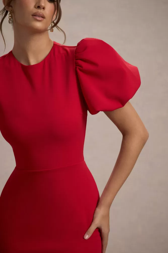 Club L London - Lettere d'Amore: Abito Lungo con Maniche a Sbuffo in Tessuto Elegante, Rosso Vivace