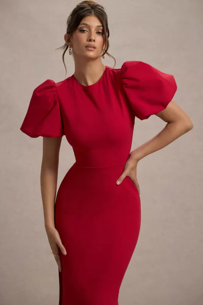 Club L London - Lettere d'Amore: Abito Lungo con Maniche a Sbuffo in Tessuto Elegante, Rosso Vivace