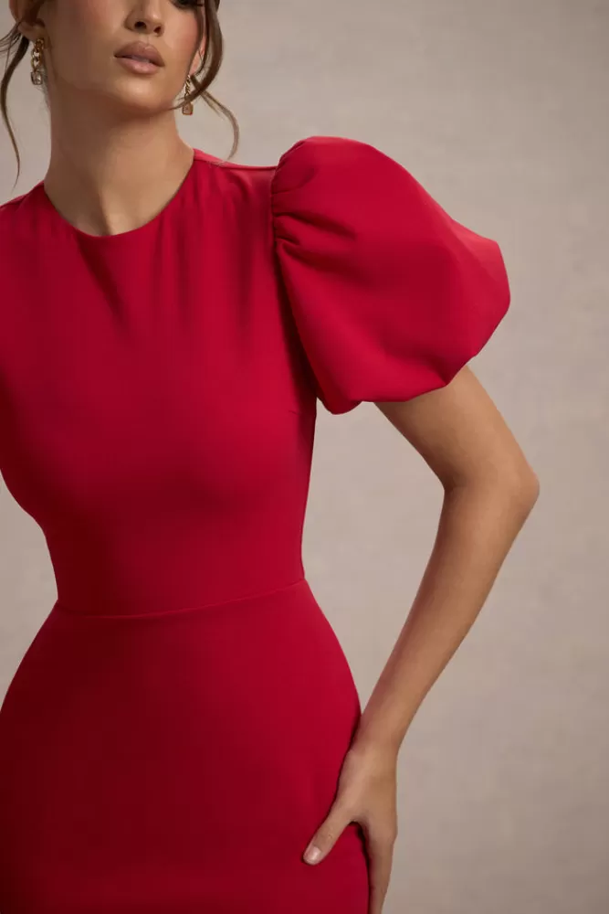 Club L London - Lettere d'Amore: Abito Lungo con Maniche a Sbuffo in Tessuto Elegante, Rosso Vivace