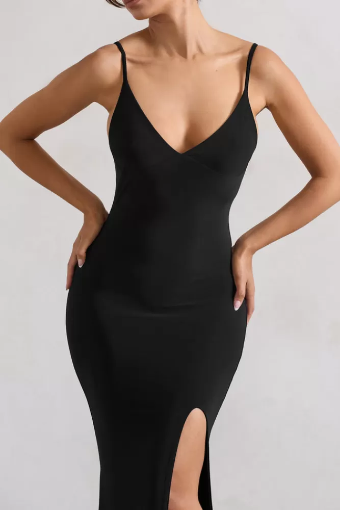 Abito Elegante con Scollatura Profonda e Ventaglio Laterale - Nero | Collezione Love Shy di Club L London | Offerta Speciale Limitata