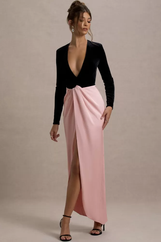 Velluto Sensuale con Gonna in Raso Rosa - Abito Longuette Scollo Profondo Nero di Club L London Collezione Incantesimo d'Amore